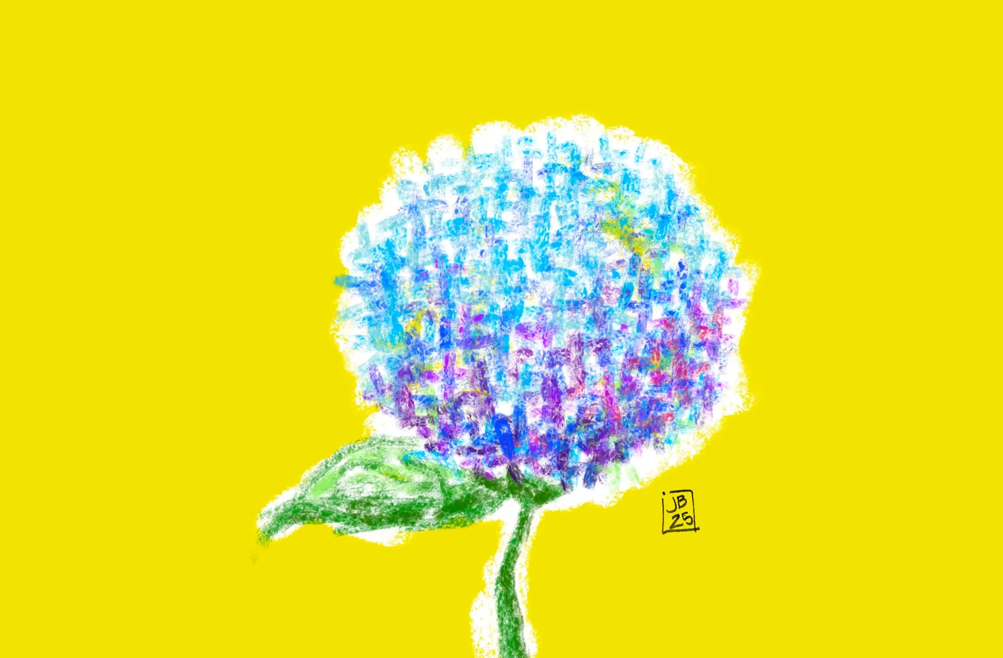 Hortensia — flor azul y violeta sobre fondo amarillo, dibujo digital