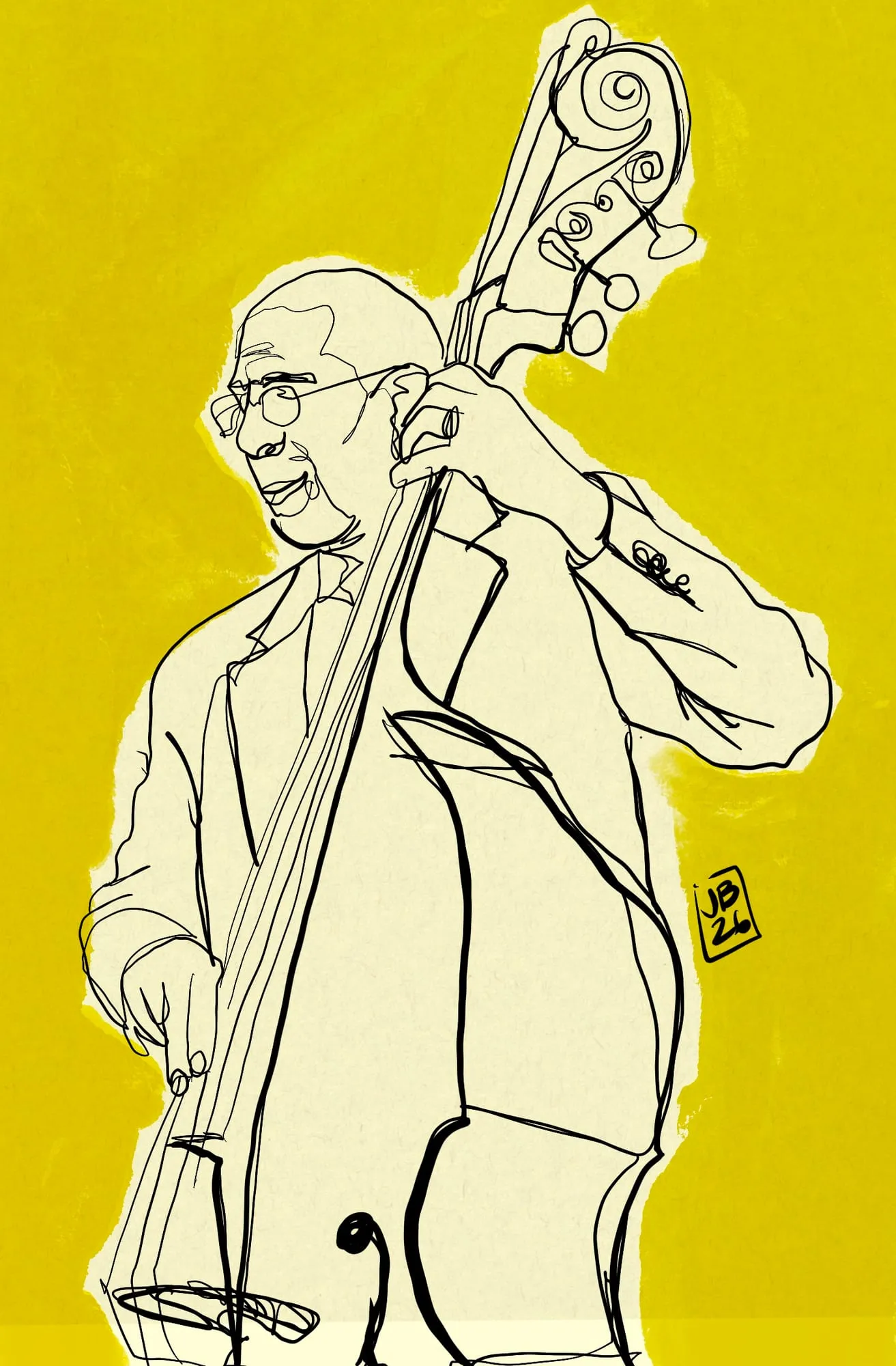 Ron Carter — dibujo a una línea del contrabajista de jazz tocando, sobre fondo amarillo