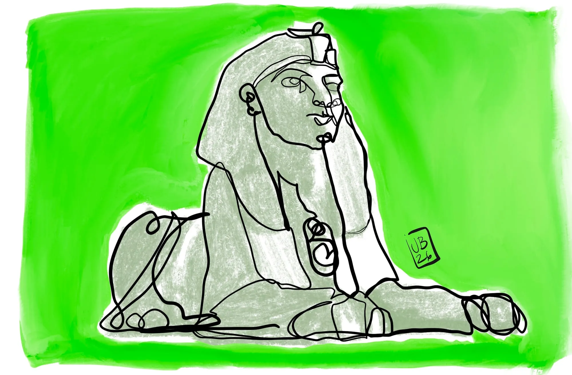 Sphinx — dibujo a una línea de la esfinge del Cleopatra's Needle en Londres, sobre fondo verde