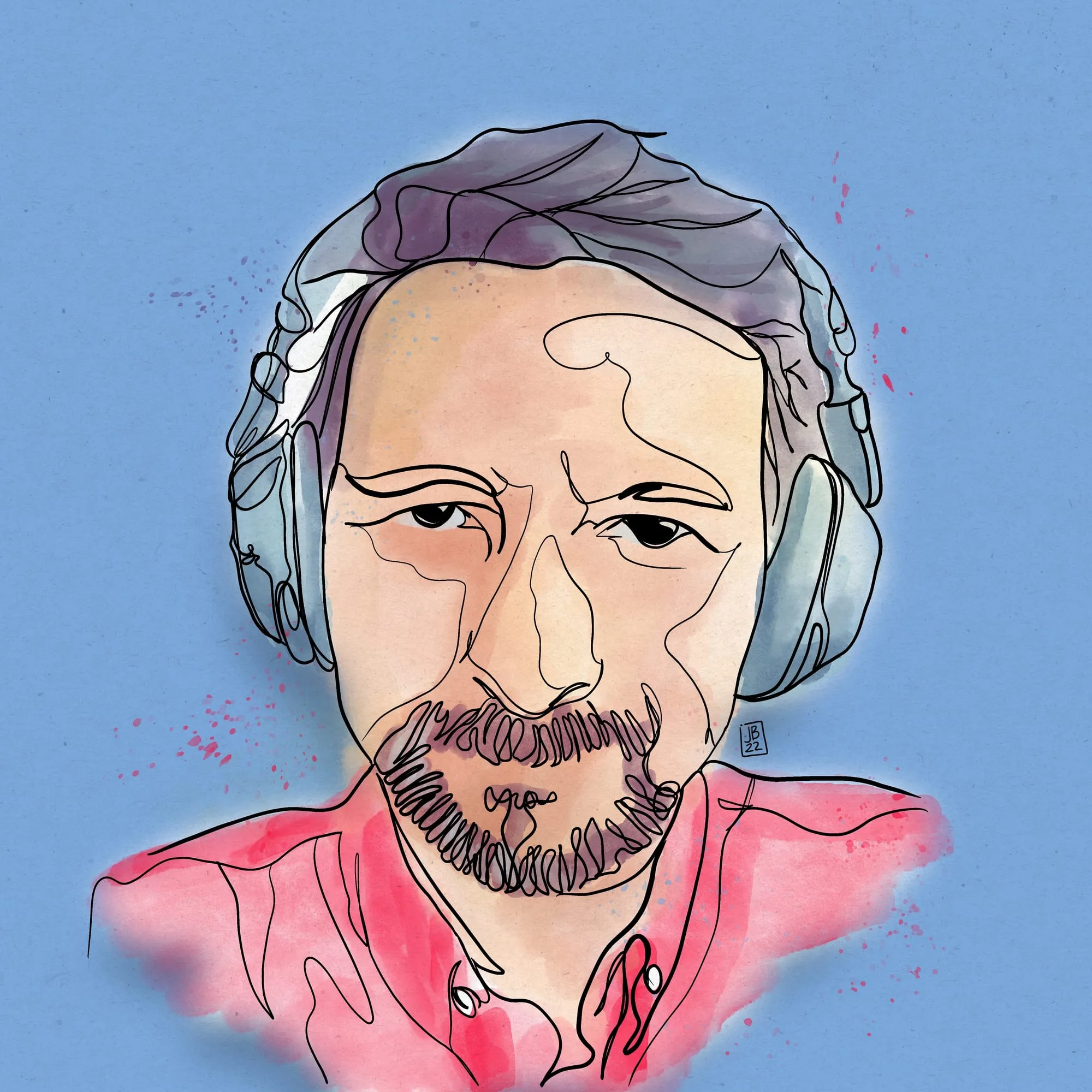 Autorretrato — José a una línea, con audífonos y camisa roja, acuarela digital sobre fondo azul