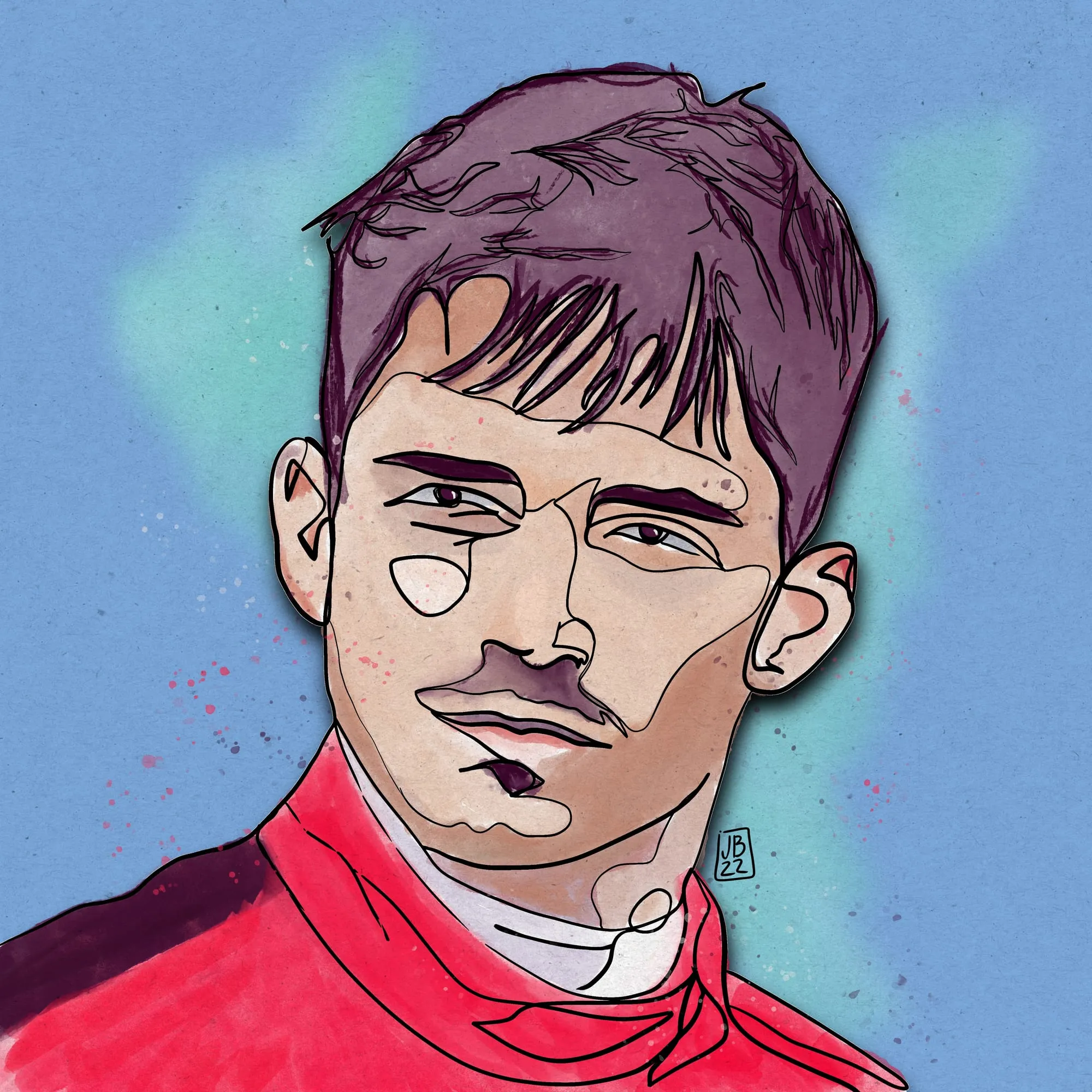 Leclerc — retrato a una línea del piloto con el traje rojo de Ferrari, acuarela digital sobre fondo azul