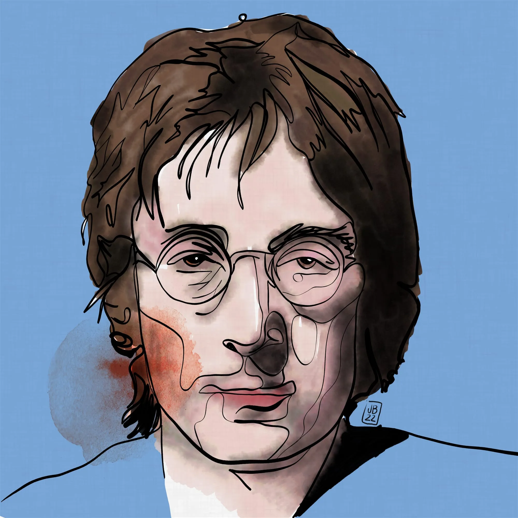 Lenon — retrato a una línea de John Lennon con sus gafas redondas, acuarela digital sobre fondo azul