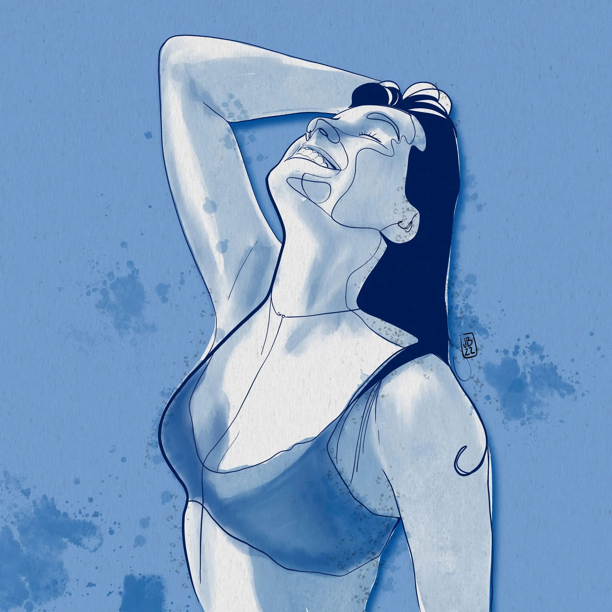 Natalia — retrato a una línea en azules de una mujer riendo con el brazo sobre la cabeza, acuarela digital
