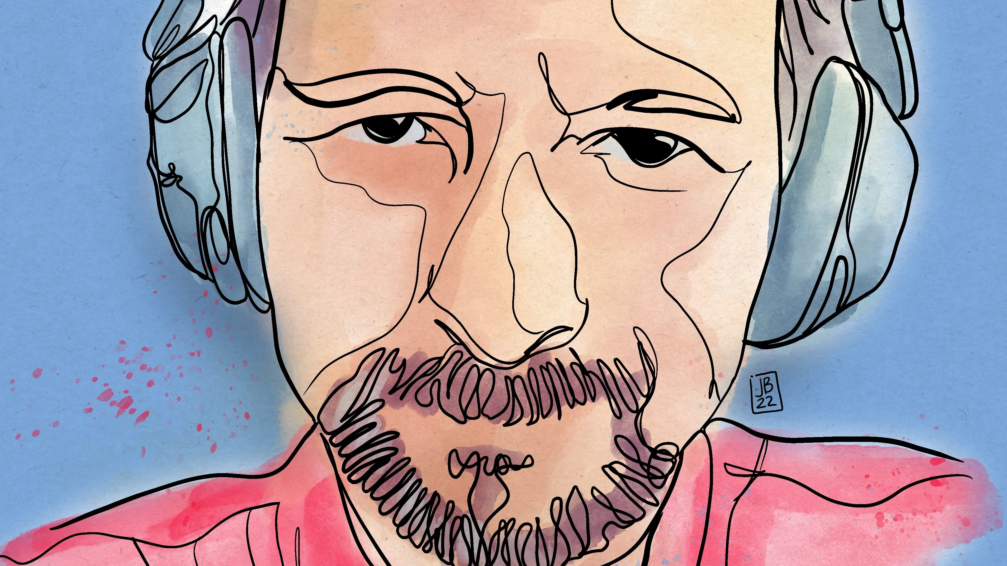Detalle panorámico del autorretrato: los ojos y el gesto, dibujados sin levantar la línea
