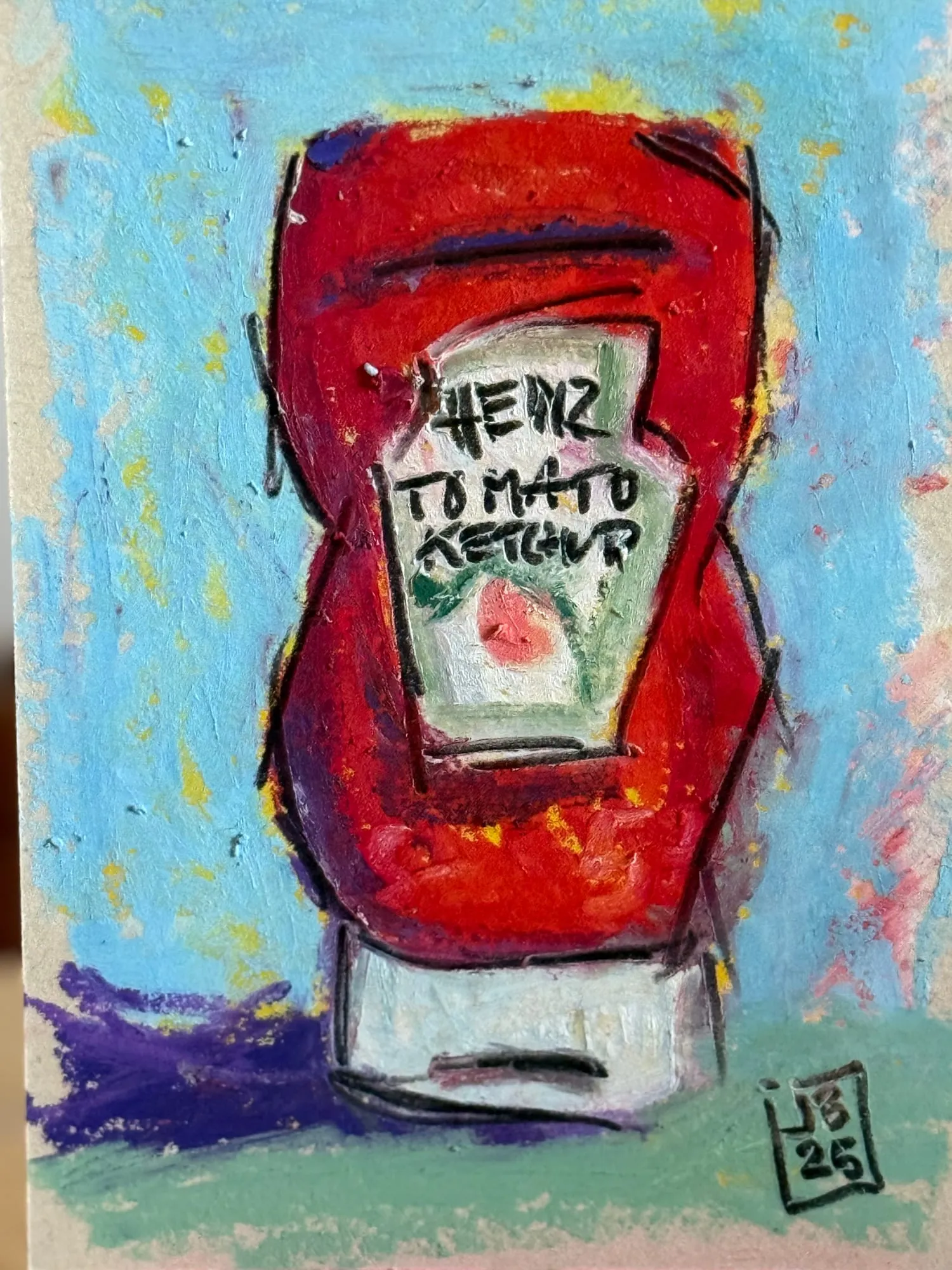 Botella de ketchup Heinz, óleo pastel sobre fondo celeste