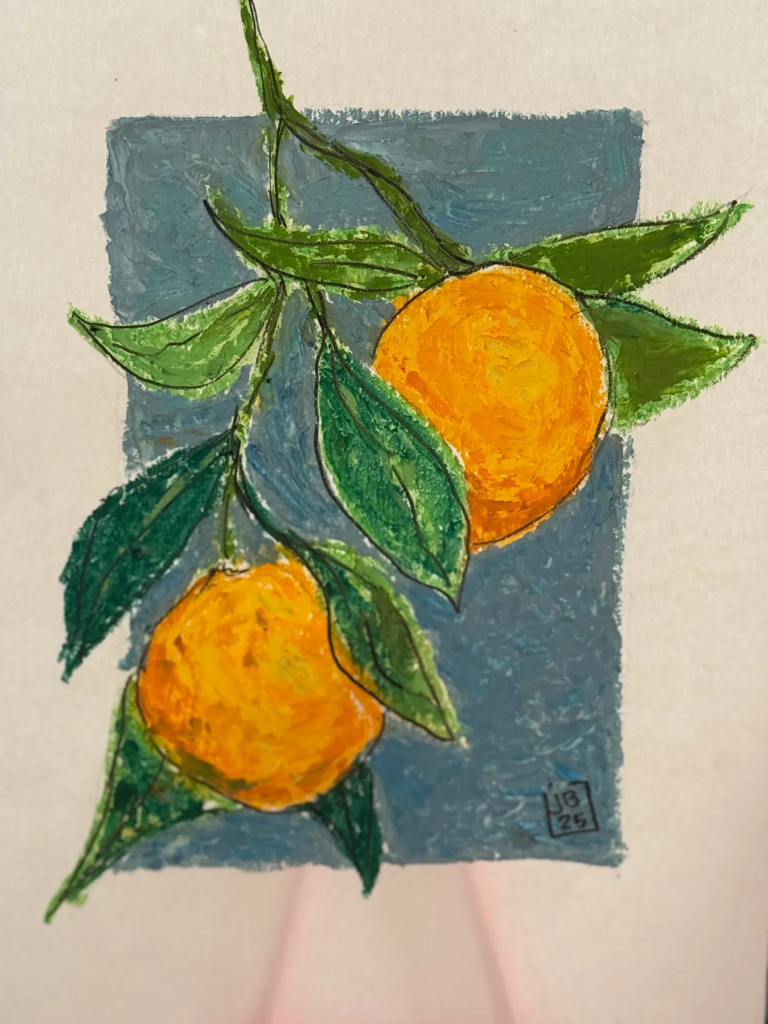 Dos naranjas colgando de una rama con hojas, óleo pastel sobre rectángulo azul