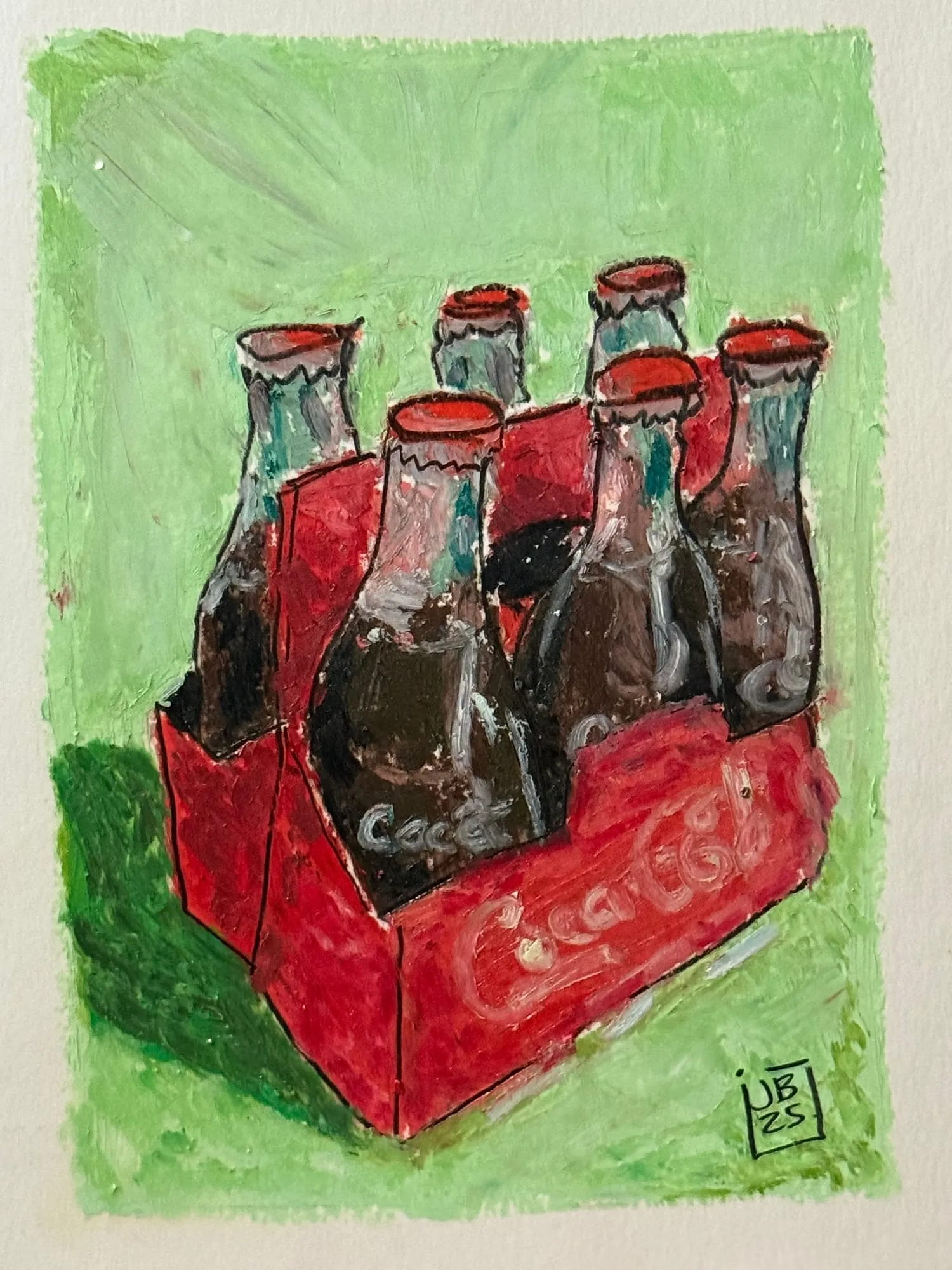 Canasta roja de Coca-Cola con seis botellas, óleo pastel sobre fondo verde