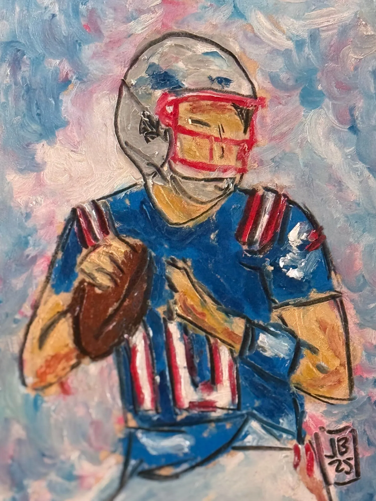 Jugador de fútbol americano con jersey azul número 10, óleo pastel