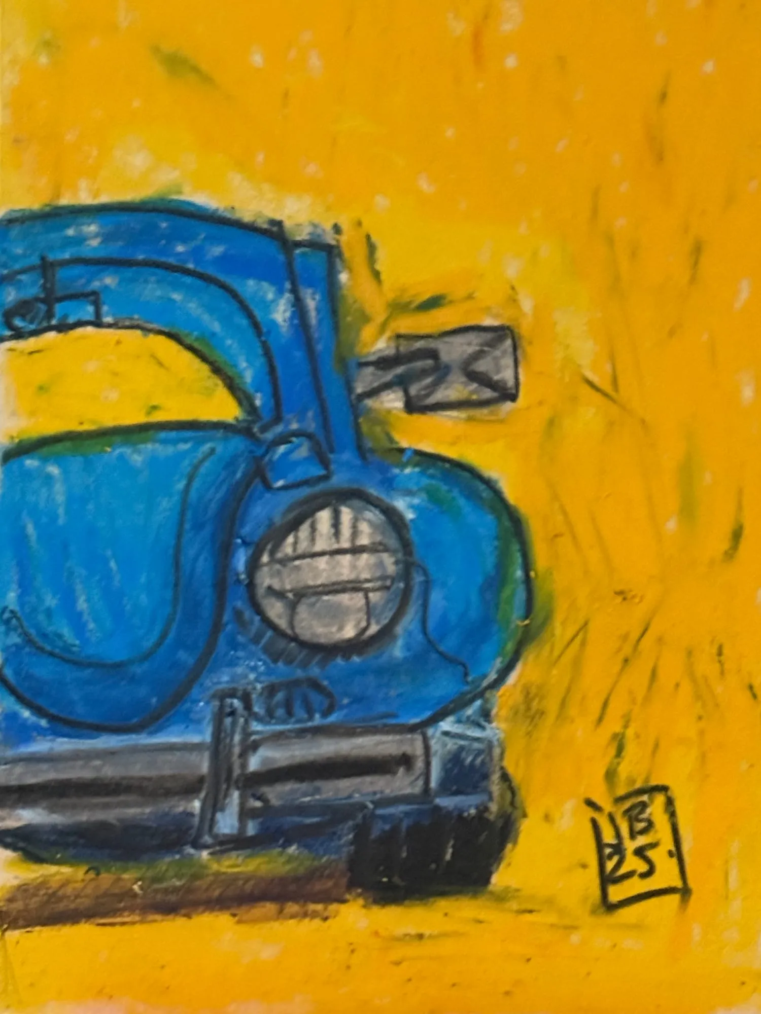 Frente de un Volkswagen Escarabajo azul sobre fondo amarillo, óleo pastel