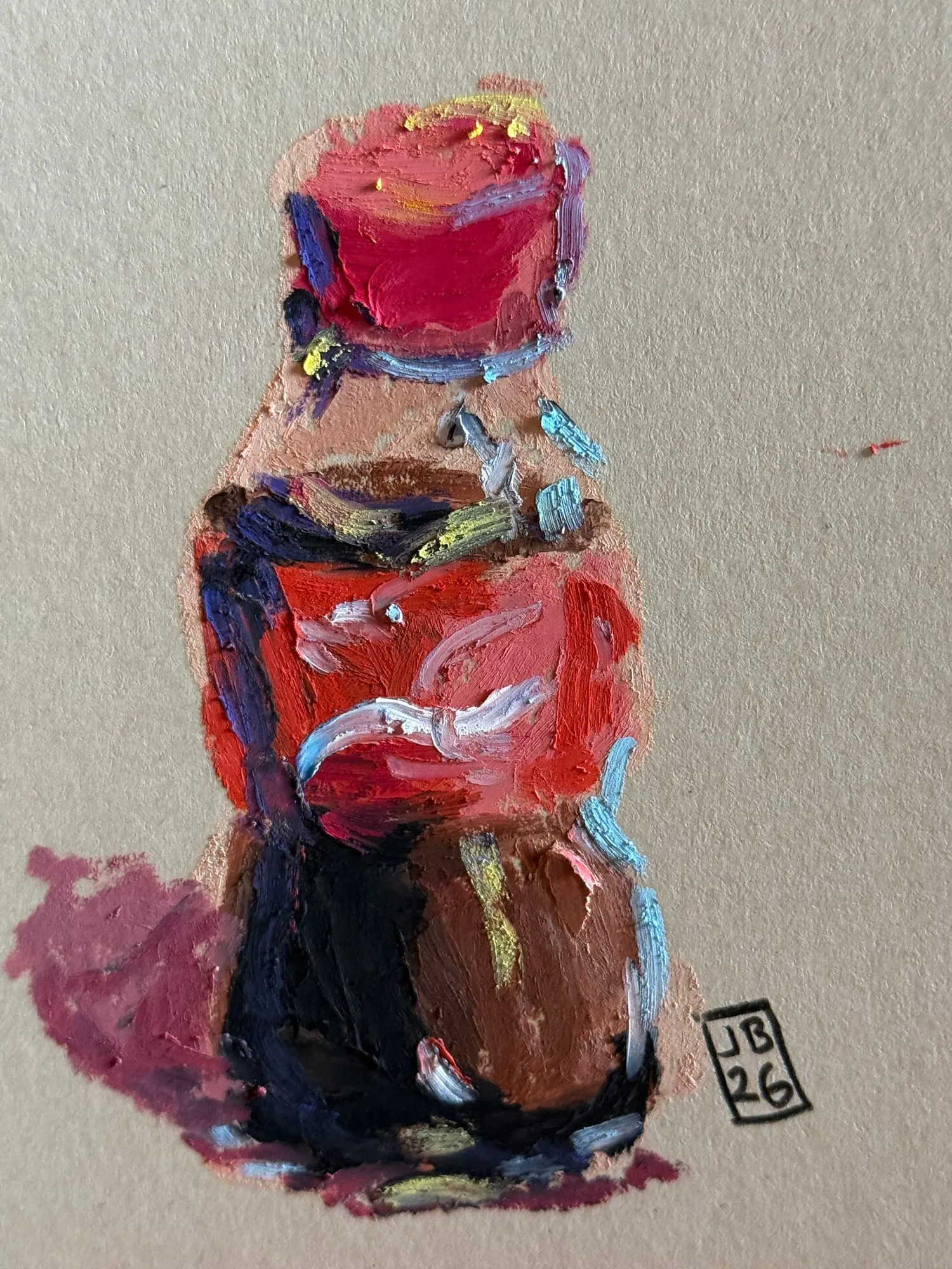 Botella de Coca-Cola con tapa roja sobre papel kraft, óleo pastel