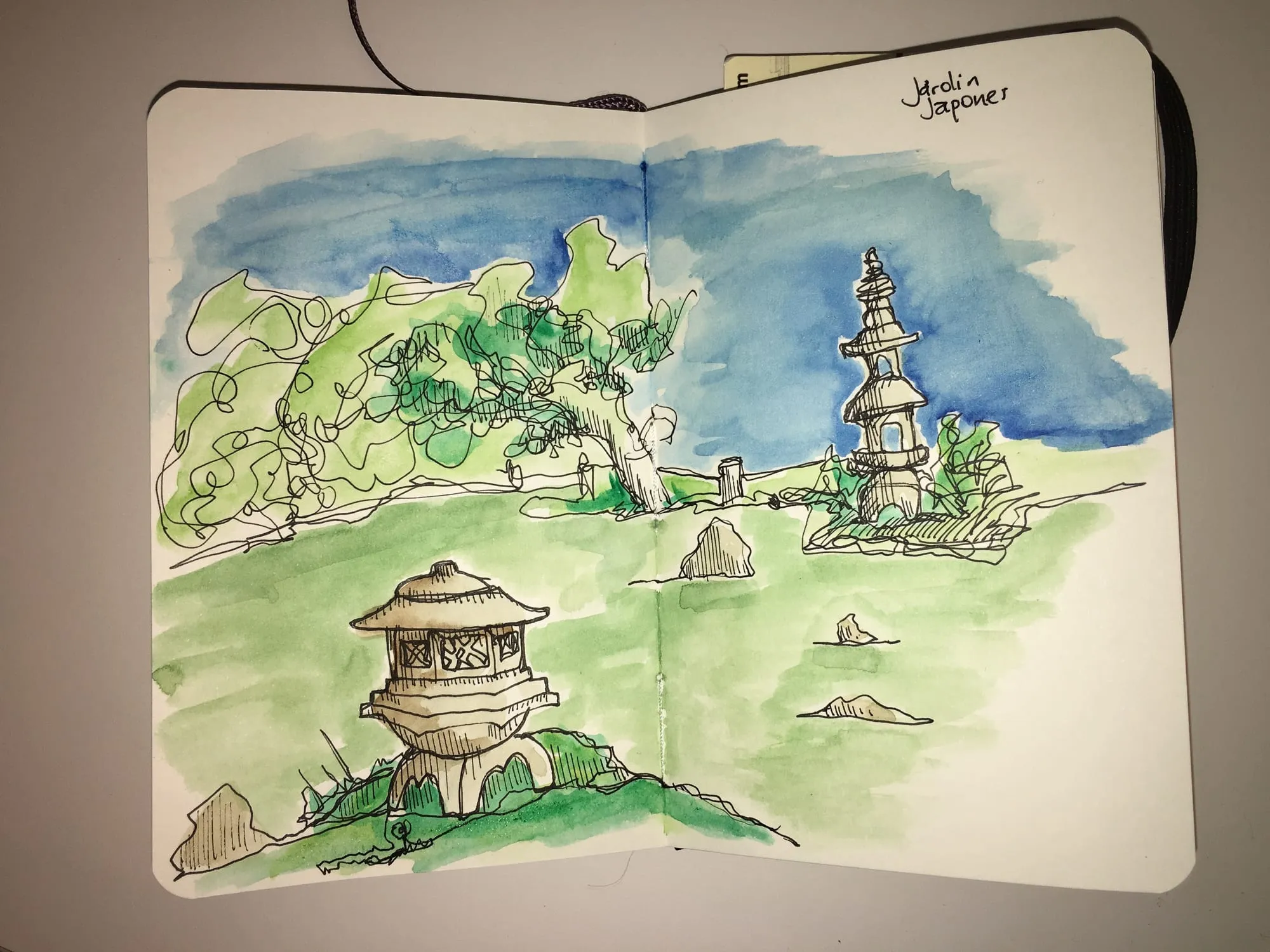 Jardín Japonés — pagoda y linterna de piedra del Japanese Tea Garden a tinta y acuarela