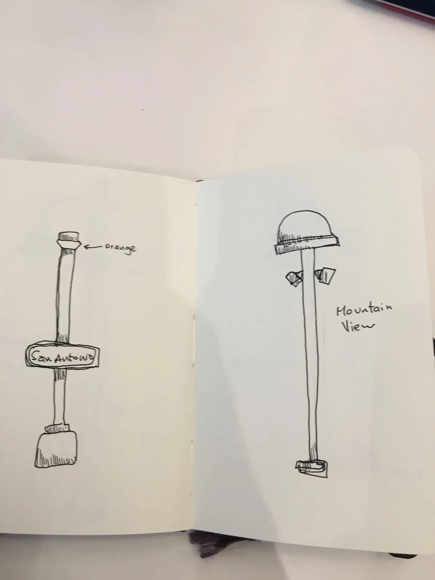 San Antonio y Mountain View — lámparas de las estaciones del Caltrain a tinta, doble página de sketchbook