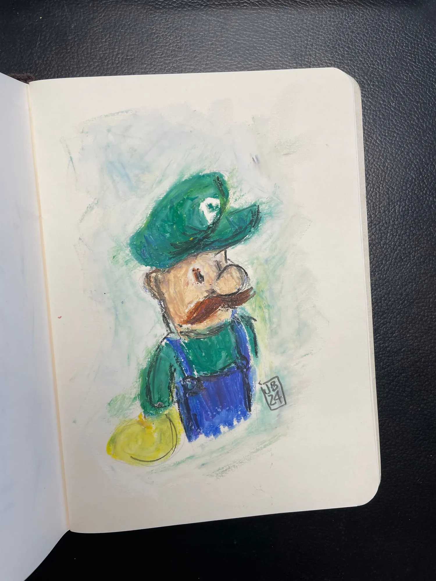 Luigi — retrato de Luigi con su gorra verde, óleo pastel en cuaderno