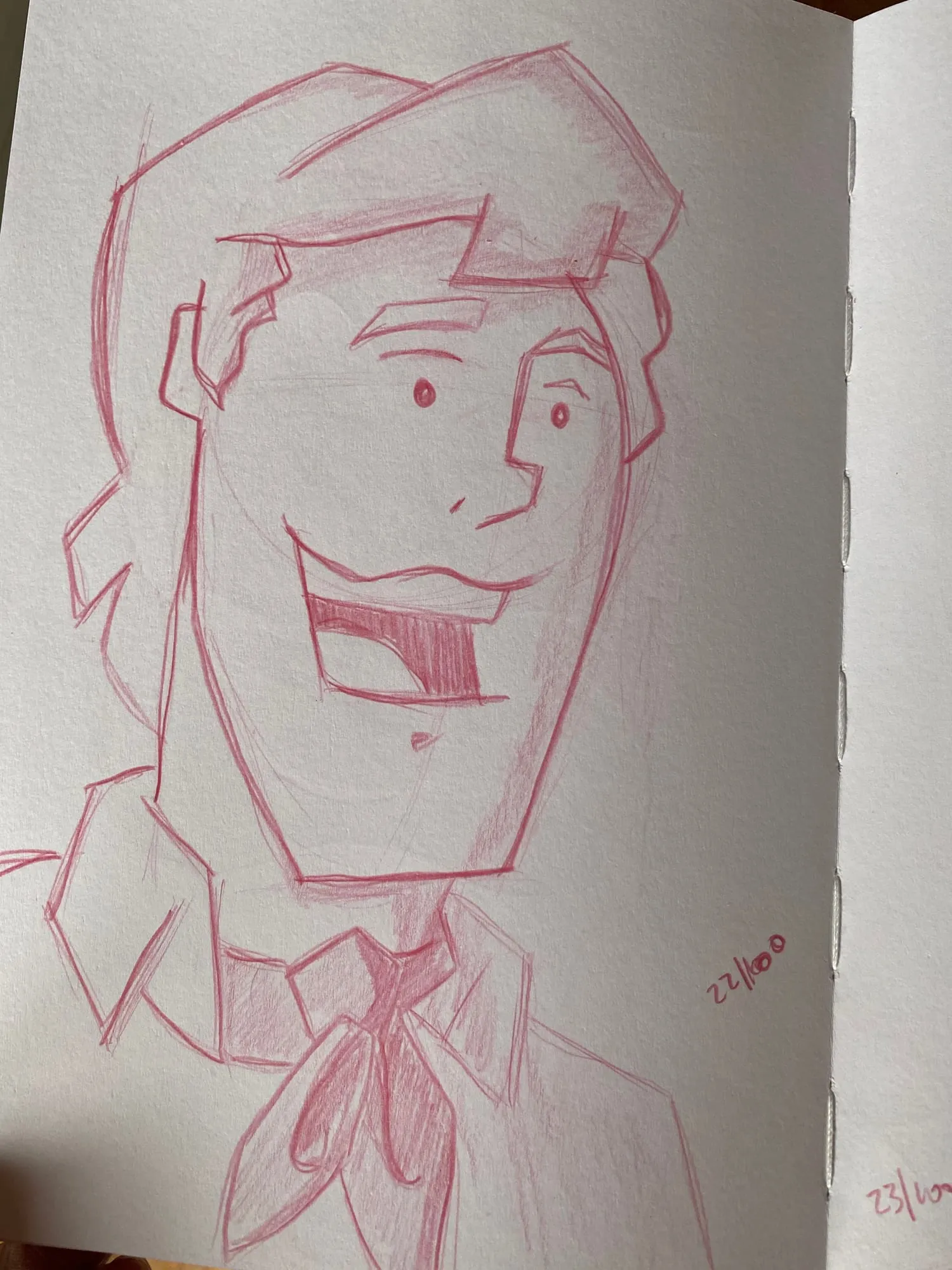Fred — boceto a lápiz rojo de Fred de Scooby-Doo con su pañoleta, página de sketchbook